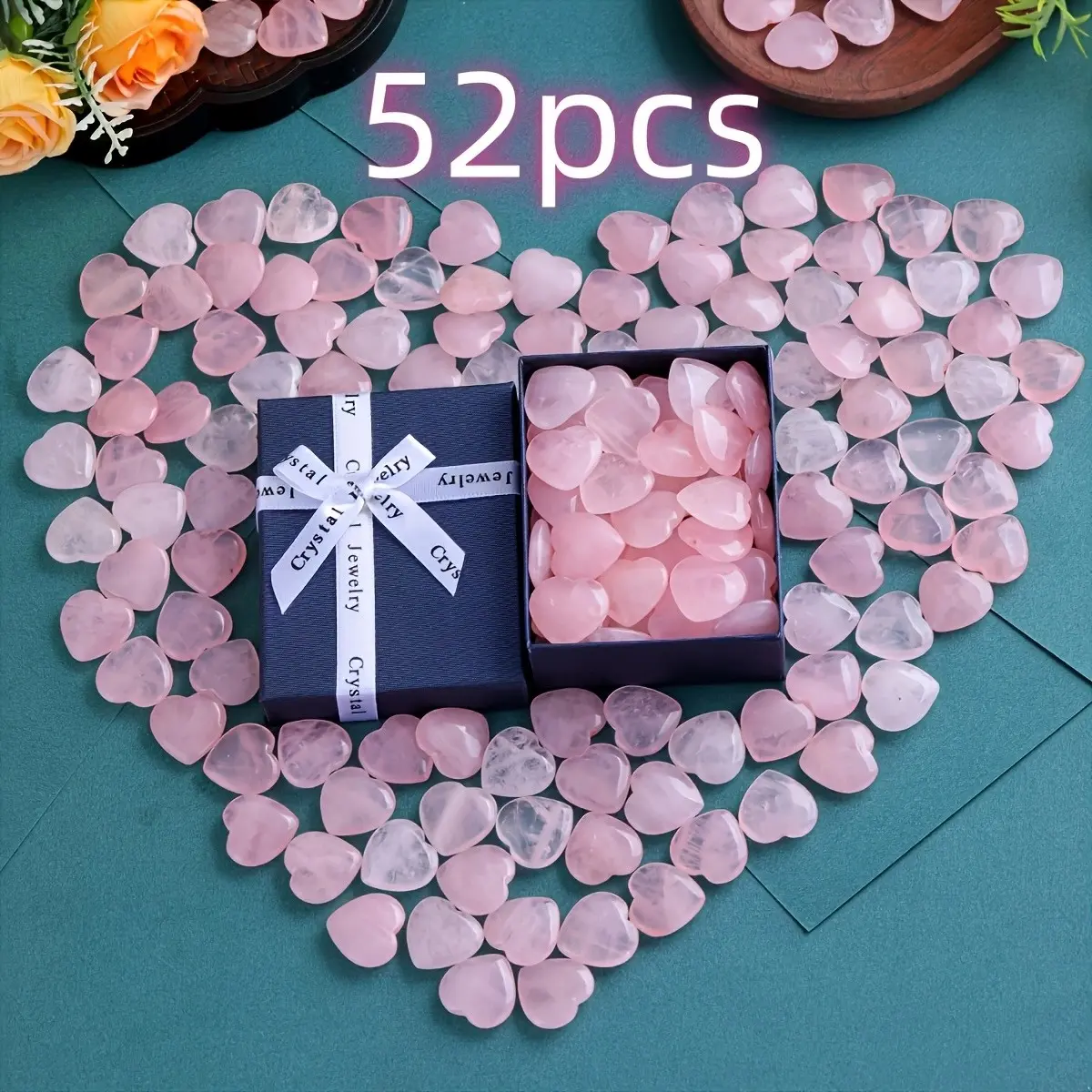 52pcs Natural Rose Quartz Heart Mini Decor Set, Crystal Jewelry Gift for Women, DIY Art Accessory, Perfect Birthday Present