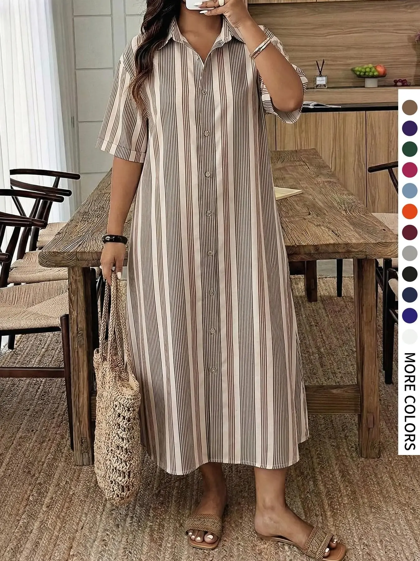 Plus Size Women's Shirt Dress, Stripe, Loose Fit Short Sleeve, Embroidery Design, Tie Front, Long Dress, Elegant Style, Casual Wear for Spring Summer