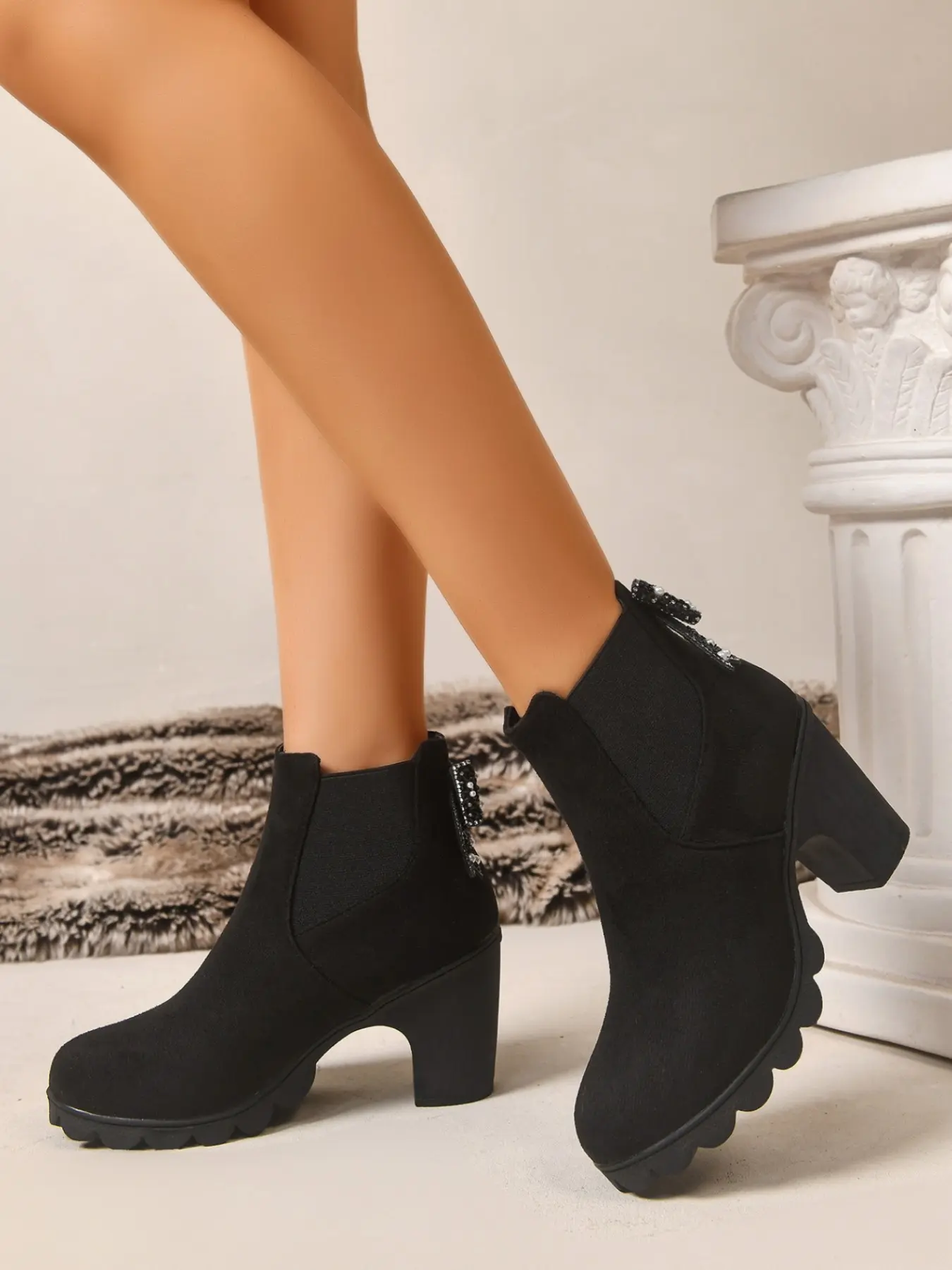 Women's Chelsea Boots for Fall Winter, Faux Fur Lining, Thick Sole, Bow Design, Commuter Shoes, Warm Short Boots