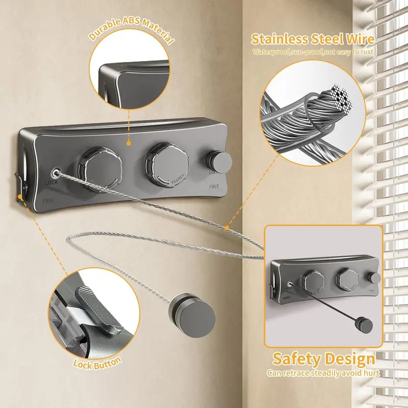 Invisible Clothesline Extensible Retractable No-Hole Clothes Rack, Balcony Bathroom Indoor Stainless Steel Wire Clothes Hanger, Practical Wall-Mounted Extendable Clothes Rack