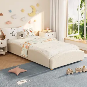 Twin/Twin XL Size Teddy Upholstered Floor Bed Frame – No Box Spring Needed, Low Profile Platform Bed, Modern Nursery Bed for Toddler Boy & Girl