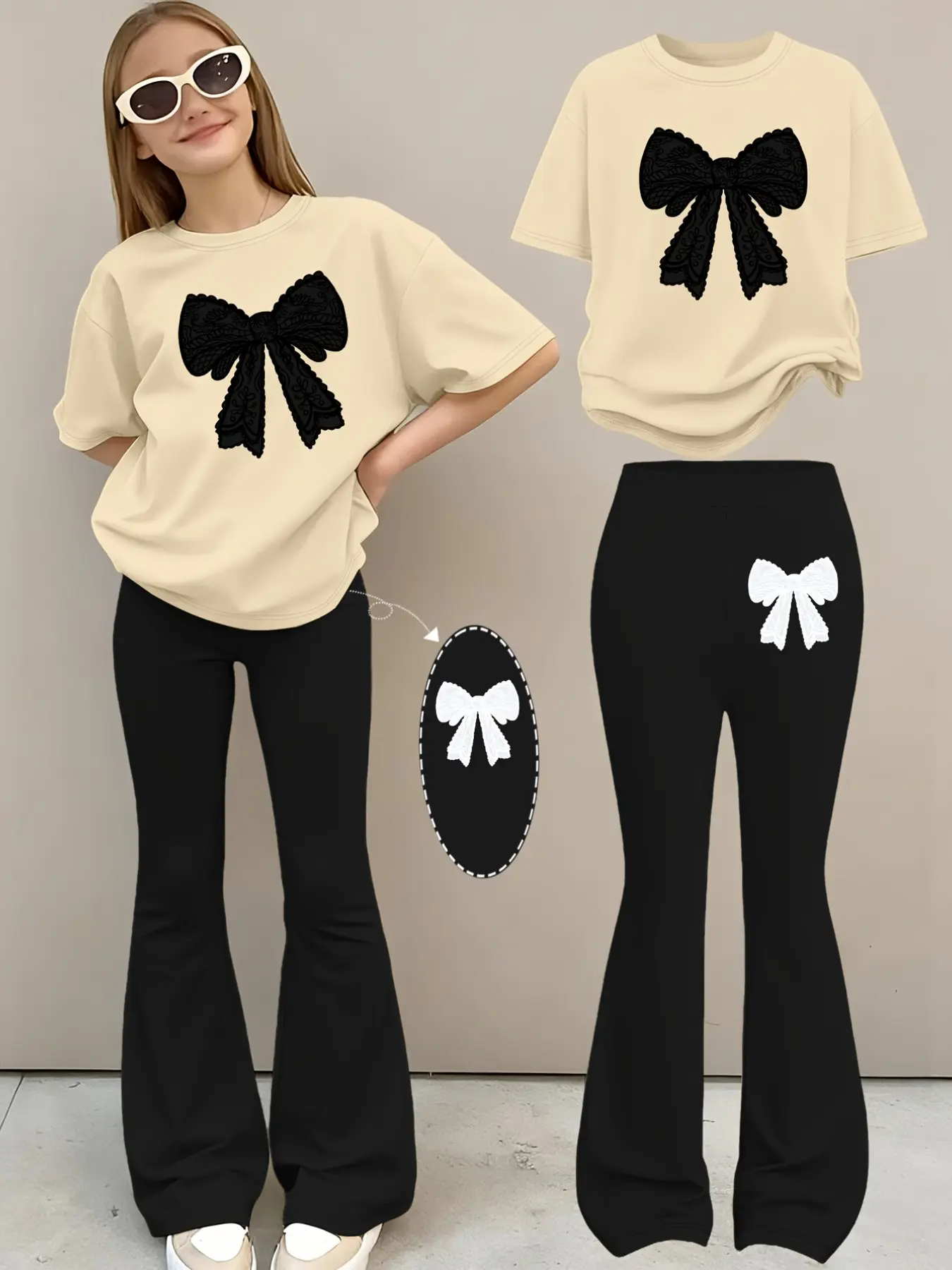 Sweet coquette girly lightweight soft skin friendly breathable lace bow embroidery oversized short sleeve tee high waist flare pants two piece set teen girls young women school daily hangout mall shopping y2k cute aesthetic trending casual matching outfit