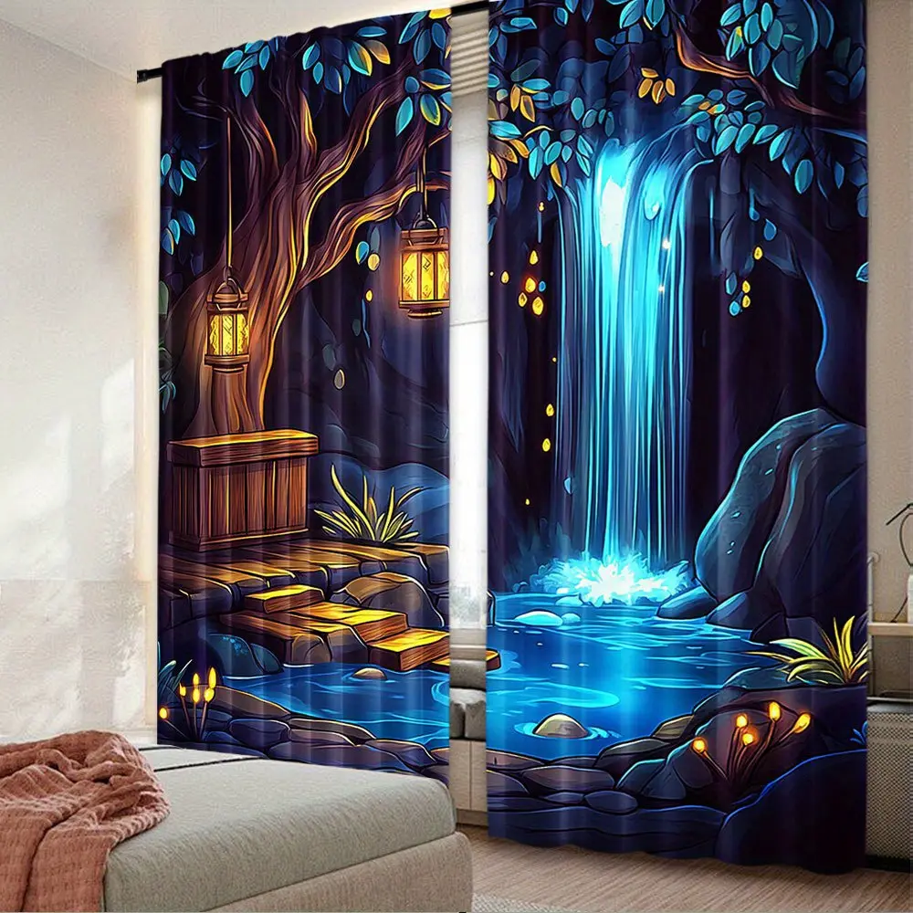 2pcs Forest Curtains - Fantasy Waterfall and Tree Design, Blackout Panels, Bedroom, Living Room, Dining Room - 29.53x 65.35inch ,41.34x 90.55inch ,51.18x 82.68inch ,decorates windows | Fantasy Forest Theme | Artisan, living room curtains Gold Bauble Snowf