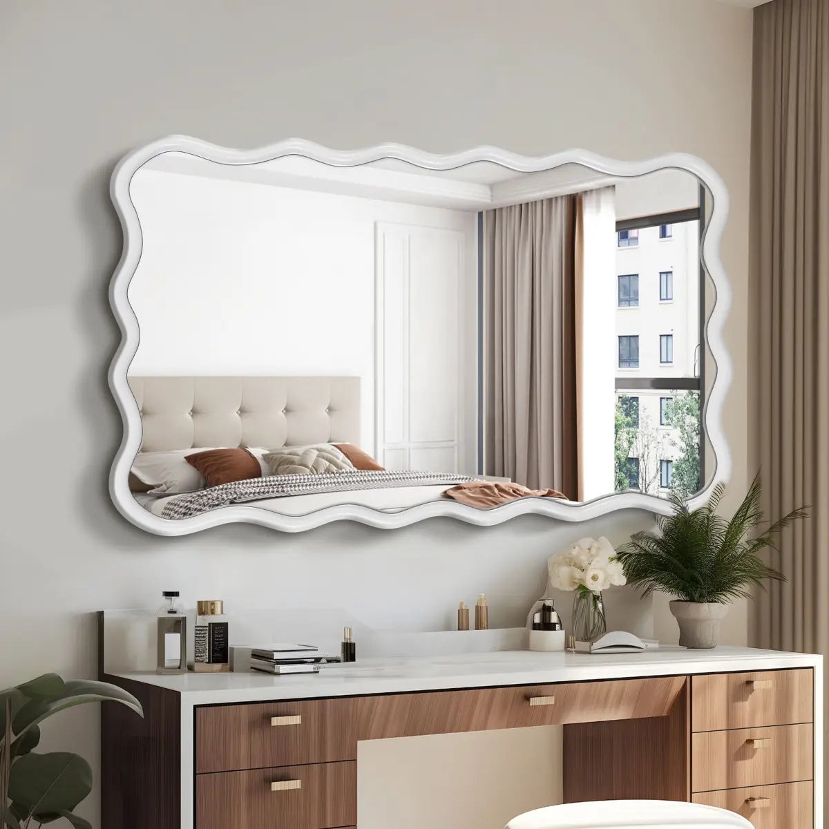 Wooden Wavy Scalloped Border Mirror, 40x28in Smooth Wall-Mount Vanity Mirror for Farmhouse Modern Decor, Ideal for Bathroom, Cloakroom, Entrance Way Clothes & Artwork Display