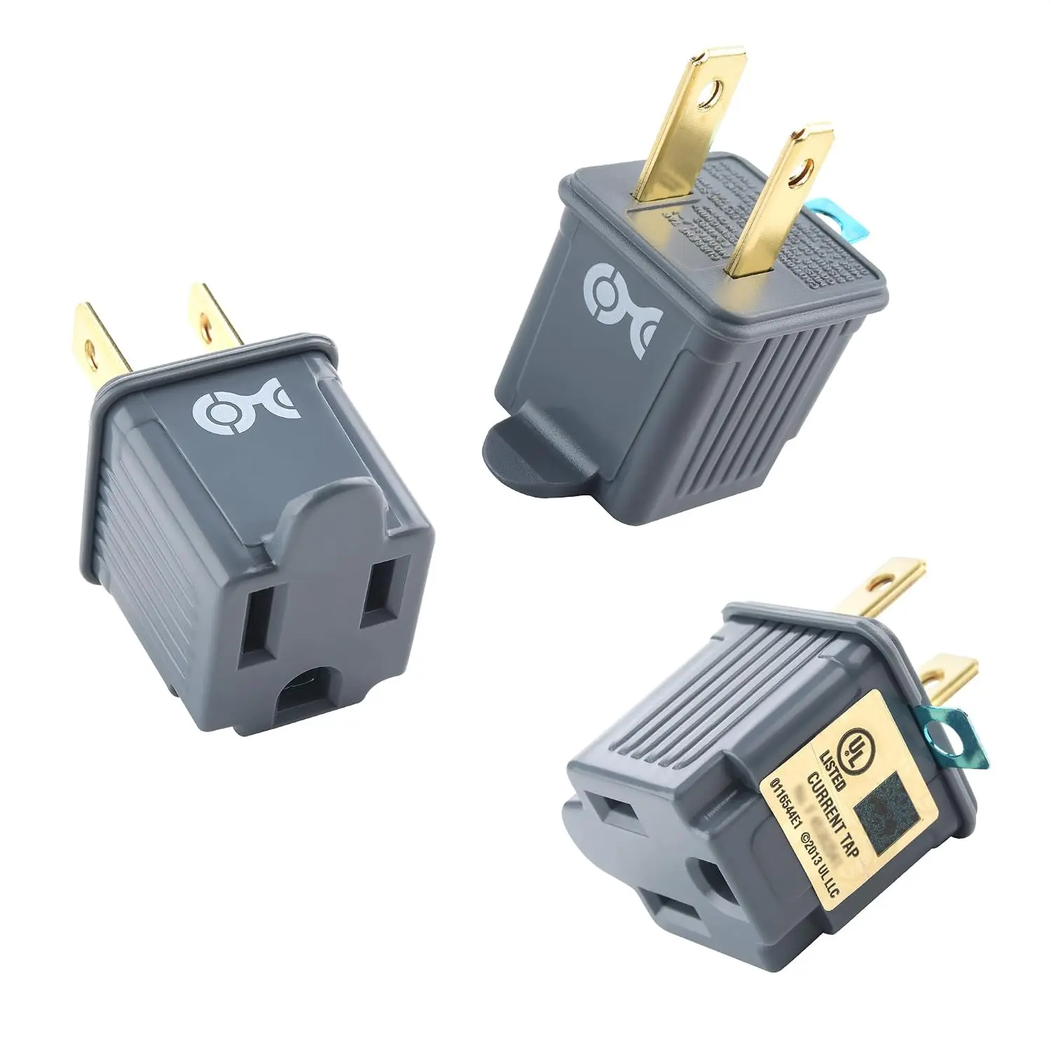 [UL Listed] 3-Pieces Durable Socket Adapter, Gray 2-Prong to 3-Prong Connector Plug, Plug-in Adapter for Home Electrical Outlet Conversion