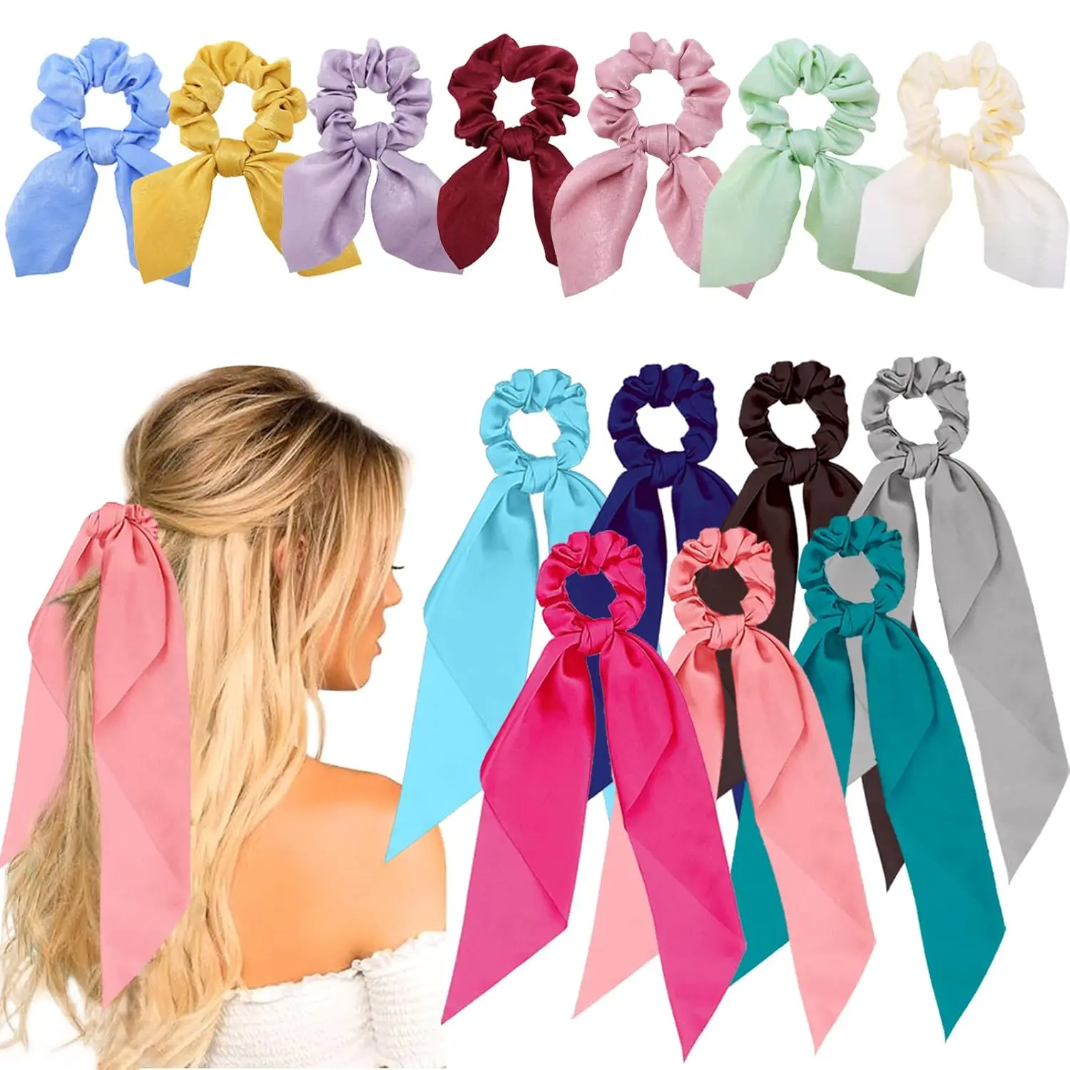 14 count Hair Scarf Scrunchies, Satin Scrunchies with Bow Hair Ties, Bunny Ear Hair Bands Bowknot Hair Accessories for Women Girls