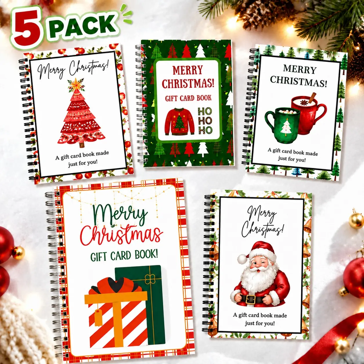5-Pack Christmas-Themed "Gift Card" Books, Spiral-Bound Journals with Festive Covers, Versatile Notebooks for Gift-Giving, Christmas Gifts