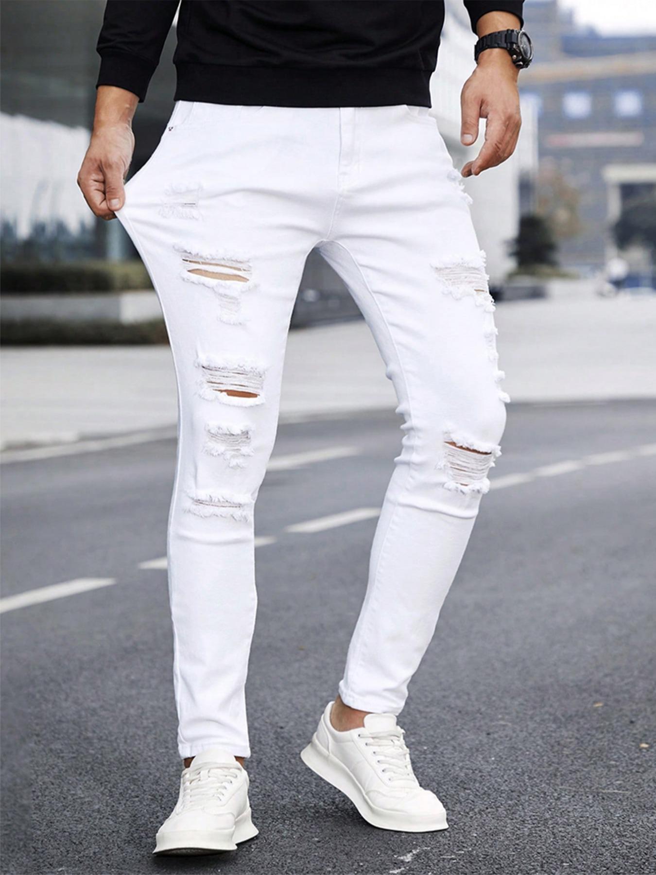 Men's Solid Ripped Straight Leg Jeans, Casual Comfy Slim-fitting Denim Pants for Daily Wear, Streetwear Fashion Men's Bottoms for All Seasons, Cotton, Menswear, Ripped Skinny Jean