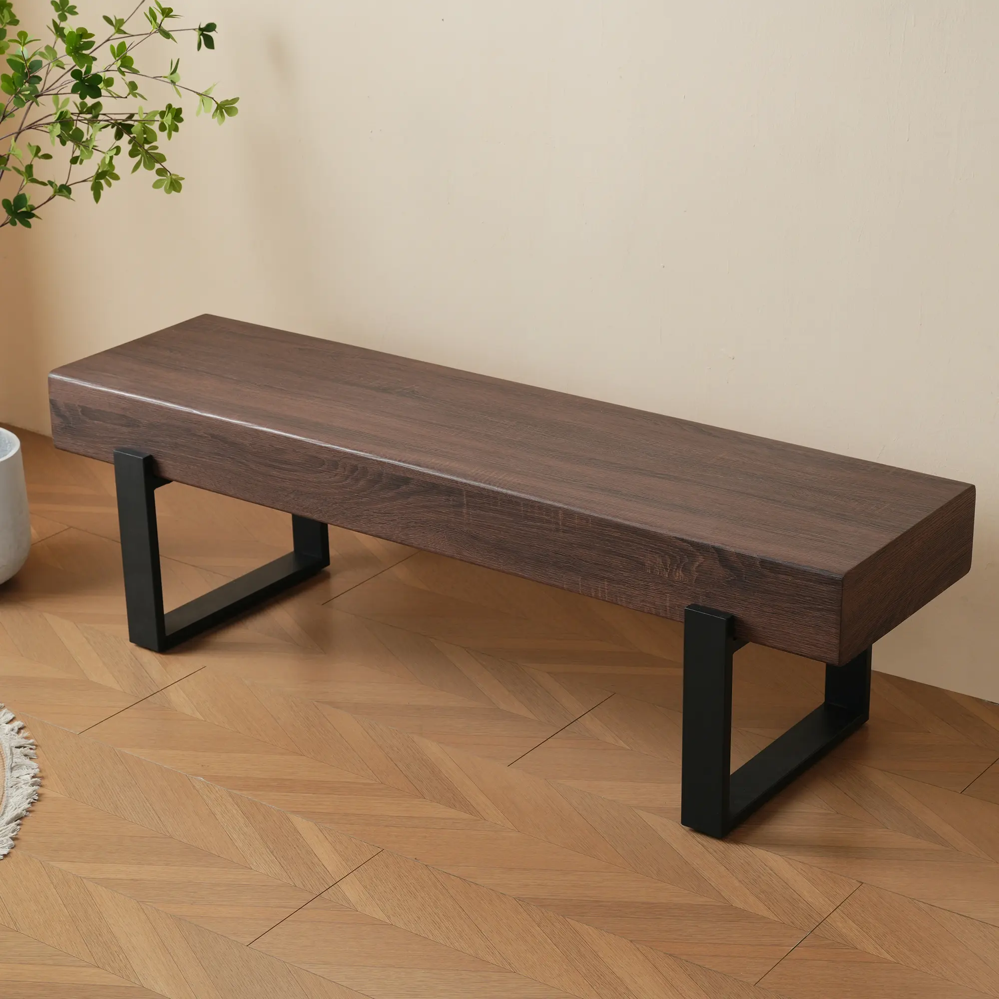 59" Dining Bench, Farmhouse Kitchen Table Bench, Indoor Entryway Shoe Bench and Bed Bench, Black and Dark Walnut