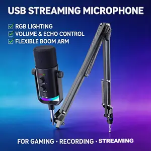 Live Streaming Podcast USB Microphone, Gaming Condenser Mic with Arm Stand, RGB Lights, Mute Button, Compatible with PC/ps4/ps5