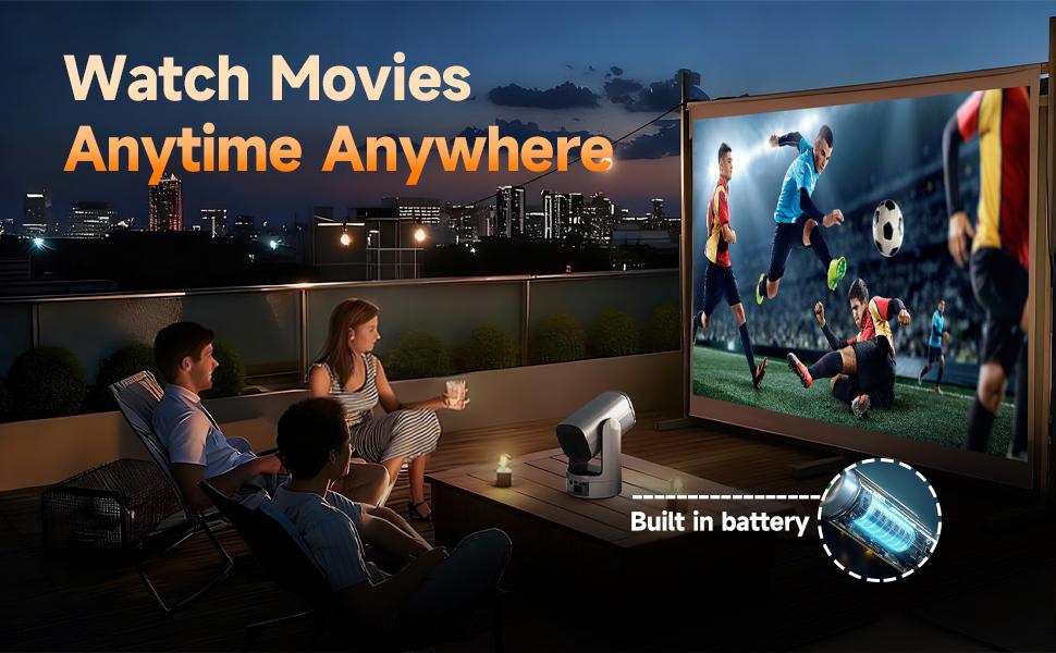With batteries Rechargeable Mini Android Outdoor projector, 800ANSI native 1080P resolution, auto focus and auto trapezoidal correction, 200-inch screen WiFi6 bt5.2 multi-functional UHD outdoor entertainment projector.
