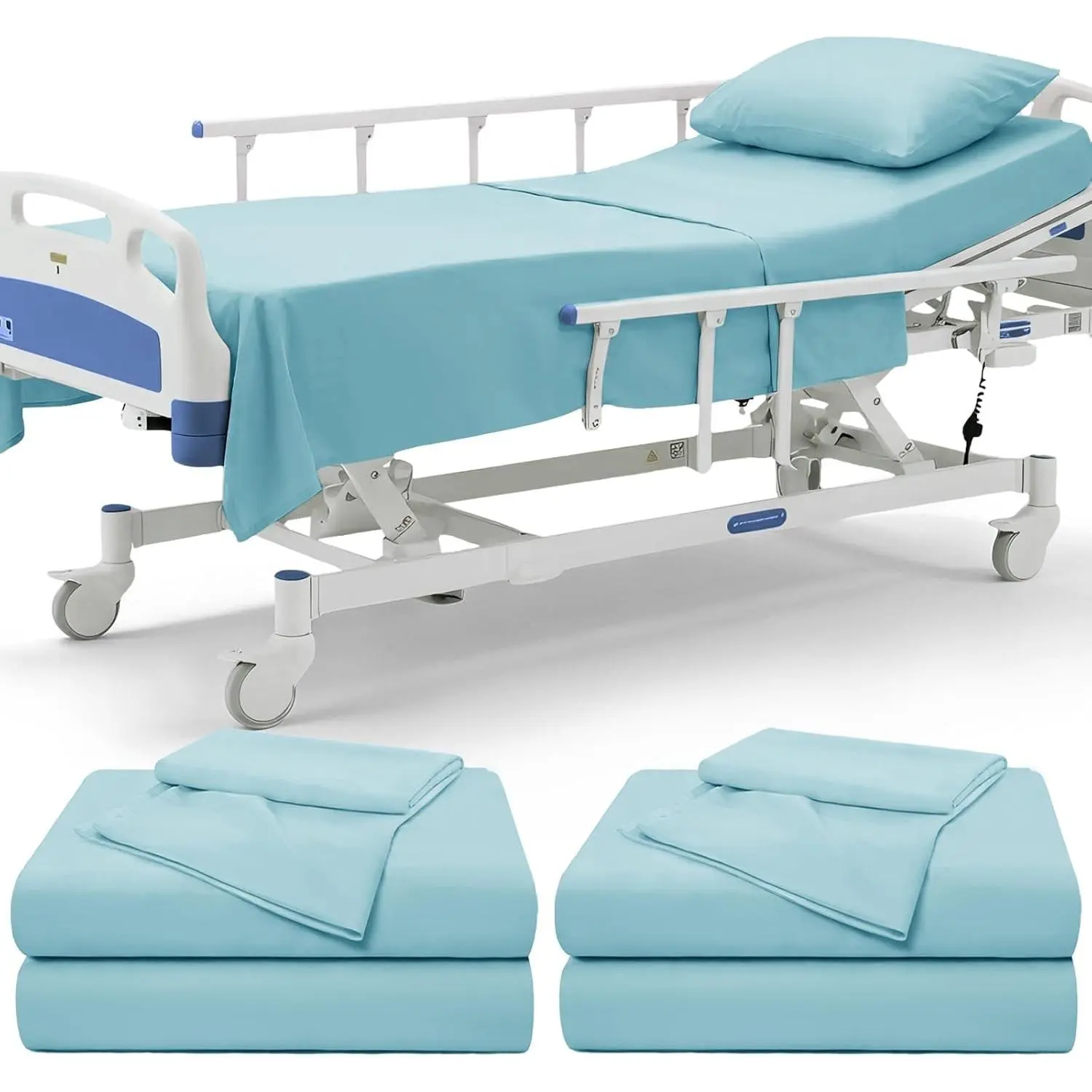 6 Piece Hospital Bed Sheet Set, Aqua Blue Brushed Microfiber Soft Bedding for Home/Nursing/Hospital Bed, Deep Pocket Fitted Sheet 36"x80"+12", Flat Sheet & Pillowcase