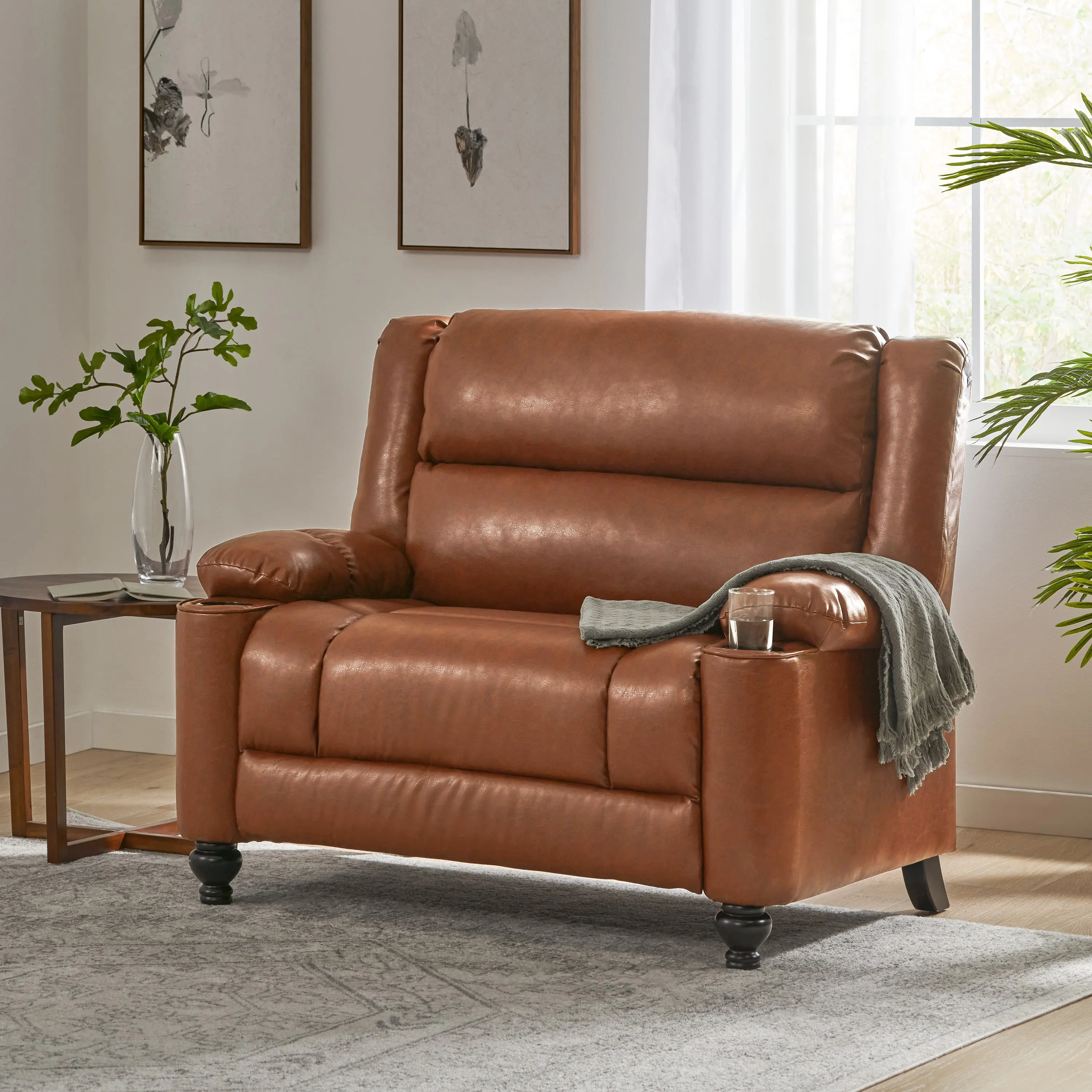 ARCH 50'' Wide Faux Leather Manual Recliner Chair with Cup Holders, Single Reclining Sofa for Living Room Bedroom, Brown, Push Back Recliner, Compact Reclining Chair for Small Spaces, Easy Assembly, Living Room Furniture for Apartment, Lounge