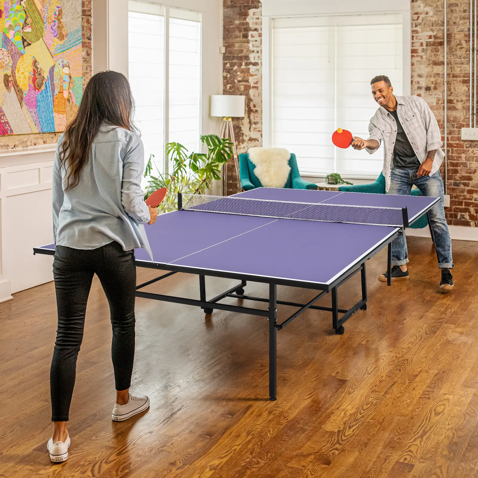 Portable collapsible Table Tennis Table Set – 8FT/9FT Indoor/Outdoor Ping Pong Table, Quick Assembly, Net, 2 Paddles, 3 Balls, Single Player Playback – Great for Family Recreation & Gifts