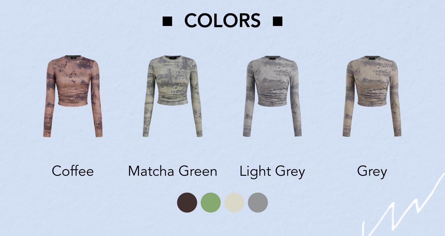 Cider [4 colors, size 2-26] Round Neck Tie Dye Ruched Long Sleeve Crop Top