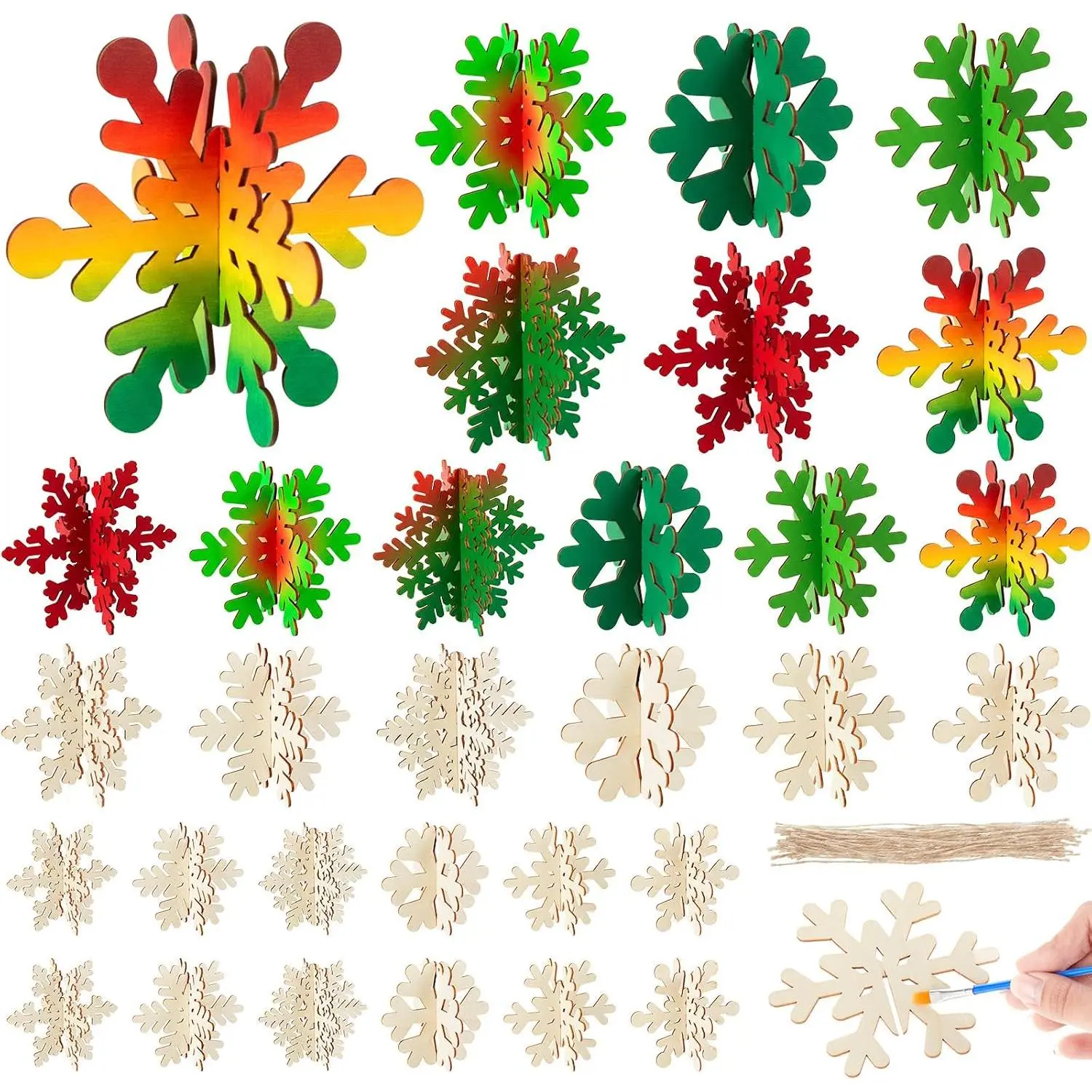 24 count Wooden Snowflake Ornaments DIY  Winter Snowflake for Crafts Bulk 12 Sets Unfinished  Snowflakes Ornaments with Cord for Winter Party Decoration