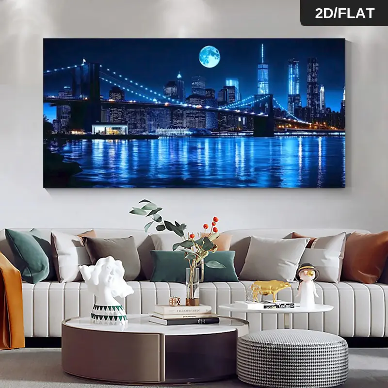 30x60 inch Artistic Decorative Landscape Canvas Wall Art Print - 2D Large-Format Full-Moon Brooklyn Bridge New York Urban Night View Oil Painting, Modern Blue Water Reflection, Home Supplies for Living Room (Multi-Size Option Available) Dopamine Decor, Ho