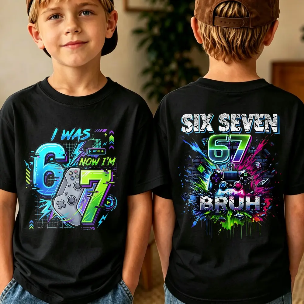 Boys' Gaming Graphic T-Shirt - 6 to 7 Grade Youth Black Short-Sleeve Top, Neon Graffiti Game Controller Print, Funny Back-to-School Bruh Gamer Tee