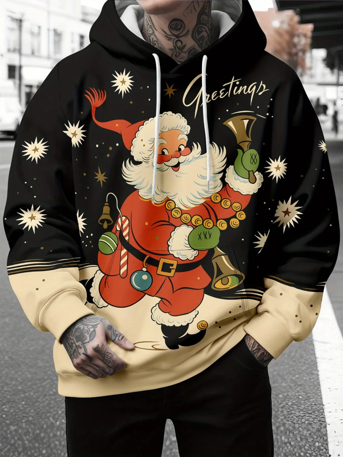 Men's hooded fashionable printed hoodie, featuring classic retro street style, with a high-quality Santa Claus print pattern. It is comfortable and suitable for casual wear, and can be machine washed. Suitable for friends' gatherings and daily leisure.