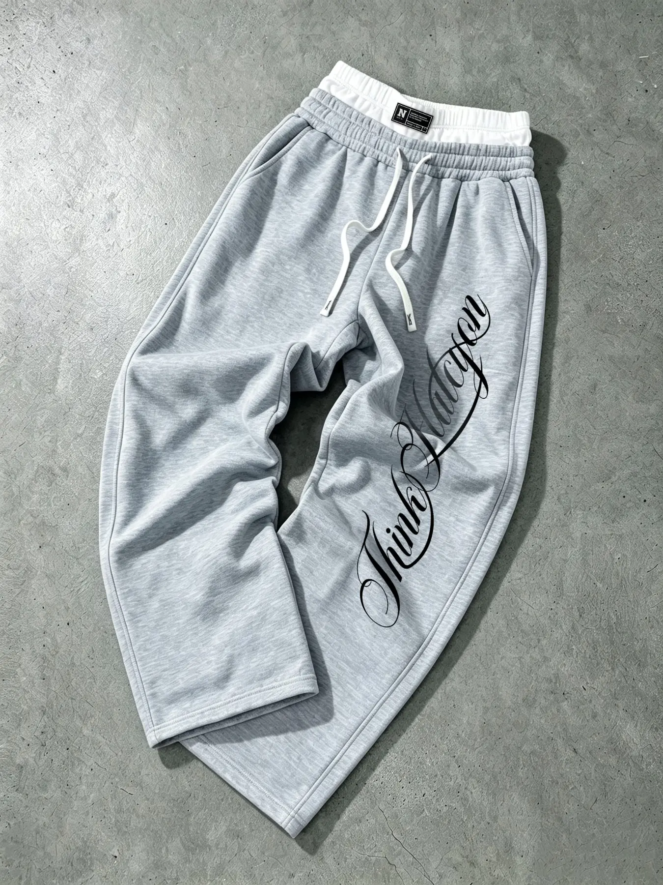 2026 Trending Gen Z Contrast Trim Spliced Waist Graphic Joggers Men Oversized Full Length Straight Casual Sweat Trousers Black Main Body White Waist Accent Drawstring With Brand Tag Side Pocket Vertical Script Print All Season Athleisure Bottoms Trendy Ur