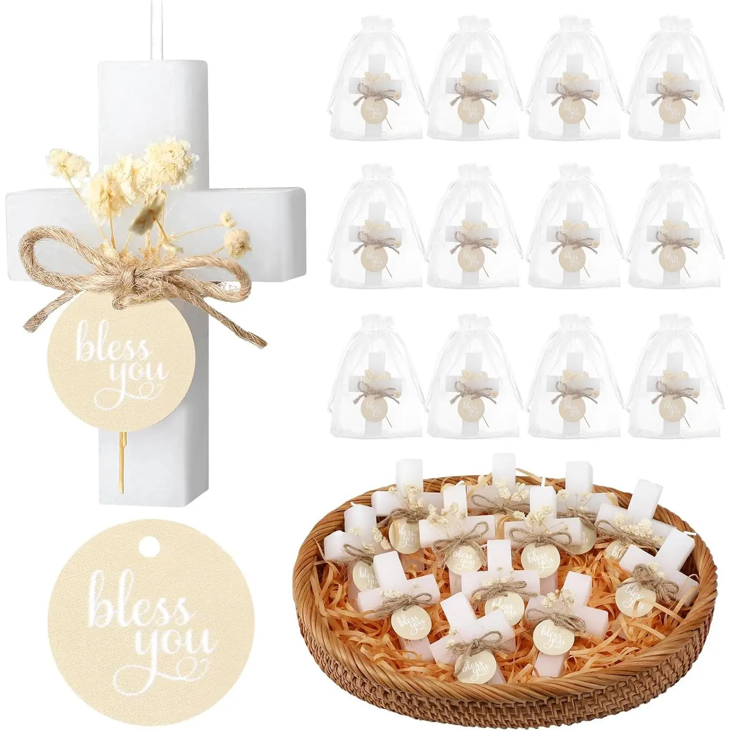 Lounsweer 12-Set Wax Candle Set, Spiritual Cross-Shape Baptism Favors with Flower Bags for Guests, Religious Baptism Gift for Christening Party Supplies