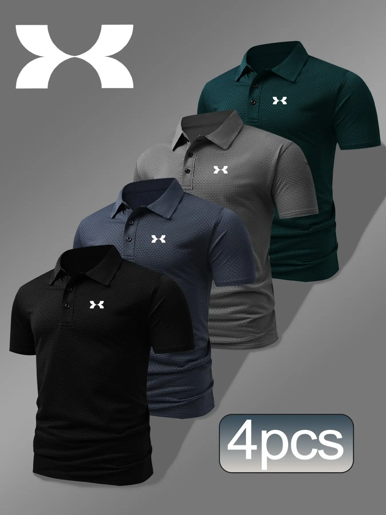 Men's Casual Fitted Polo Shirt, Geometric Print, Breathable Stretch Fabric, All Seasons Wear, Comfortable Durable Design, 4-Pack Set