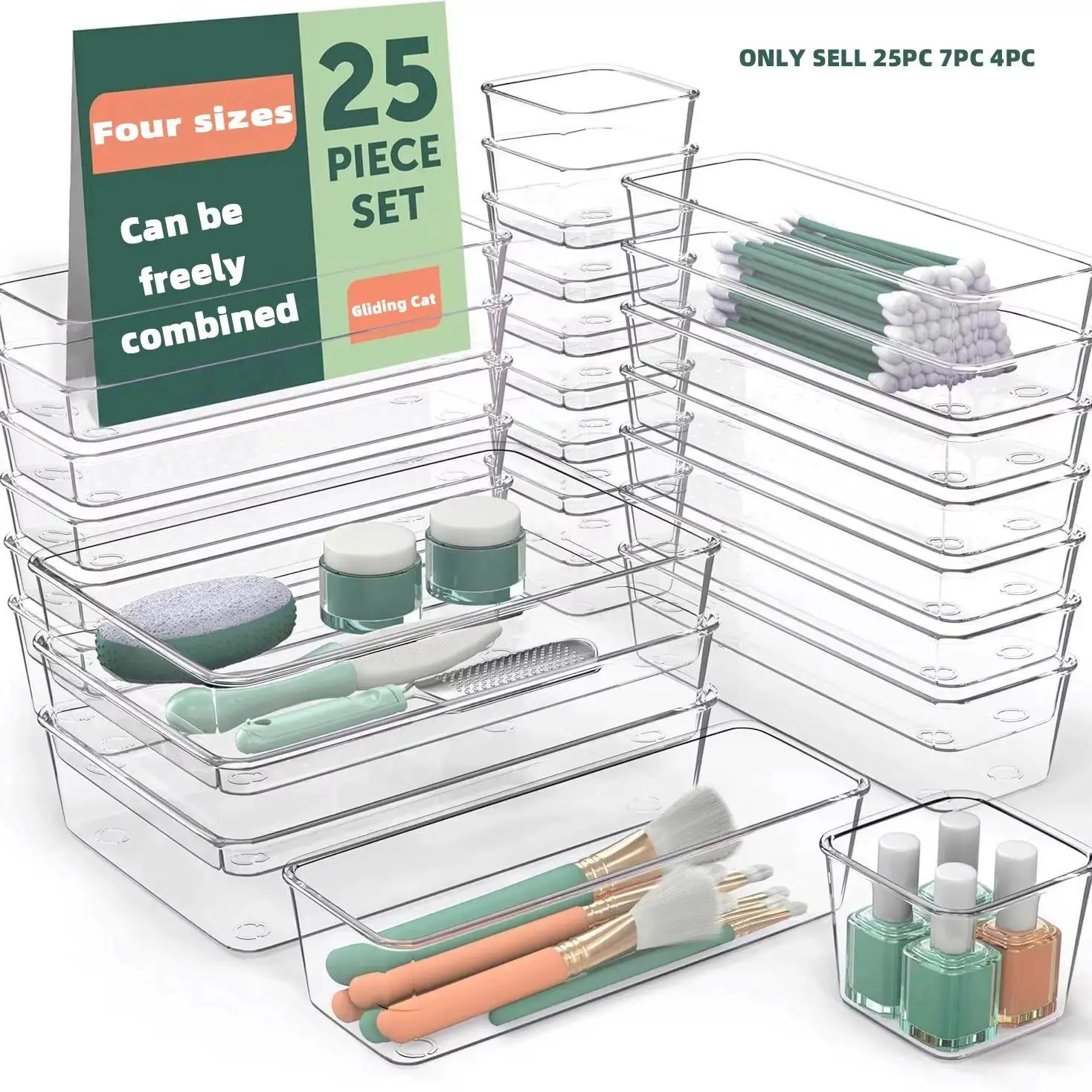 25 PCS Clear Plastic Drawer Organizer Set, Stackable Storage, 4 Sizes Desk Drawer Divider Organizers and Storage Bins for Makeup, Jewelry, Gadgets for Kitchen, Bedroom, Bathroom, Office, Cosmetic Organizer Box