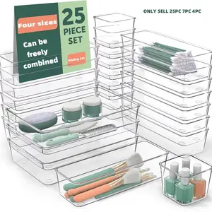 25 PCS Clear Plastic Drawer Organizer Set, Stackable Storage, 4 Sizes Desk Drawer Divider Organizers and Storage Bins for Makeup, Jewelry, Gadgets for Kitchen, Bedroom, Bathroom, Office, Cosmetic Organizer Box