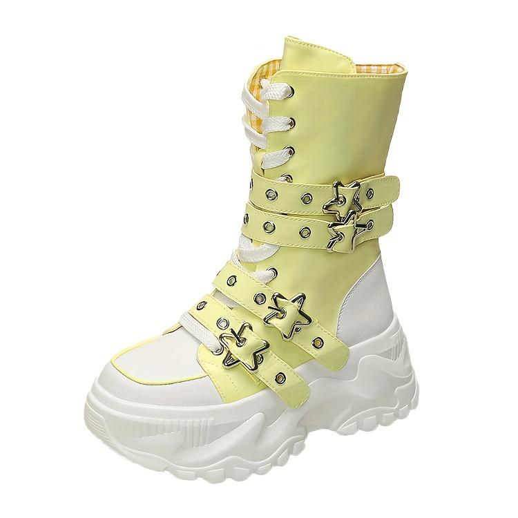 Chunky Platform Thick-Sole Height Increase 1.38 1.97 Lift Lace-Up Round-Toe All-Season All-Terrain Traction Low Heel Rubber Sole Fabric Upper Casual Athletic Wear Brown Black Easy-Clean Hand Washable