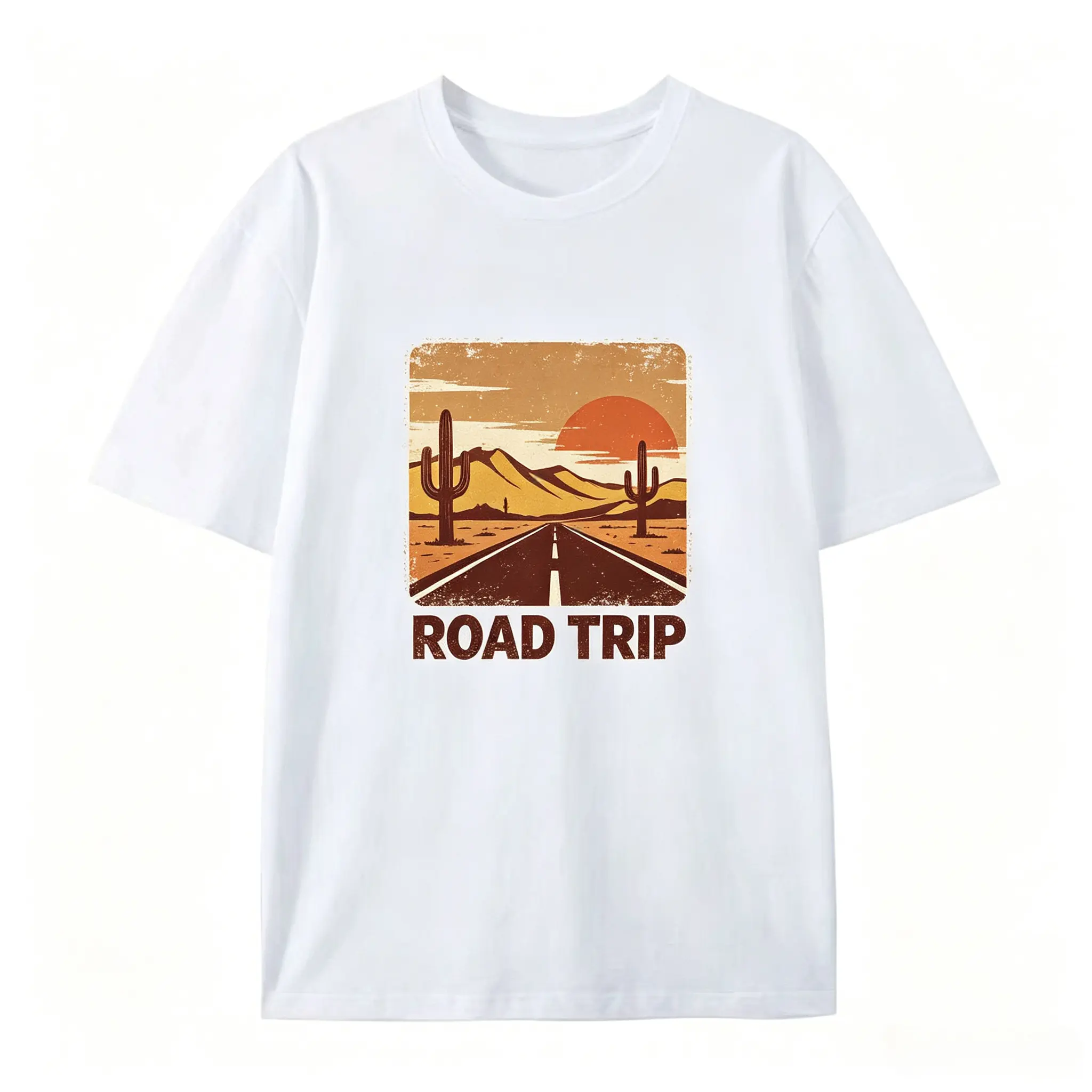 Men's Vintage Desert Cactus Sunset Highway Road Trip Print Oversized Short-Sleeve T-Shirt - 100% Cotton, Breathable, Casual, Comfortable Outdoor Outfit, Ideal Gift for Road Trip Enthusiasts, Shortsleeve, Menswear