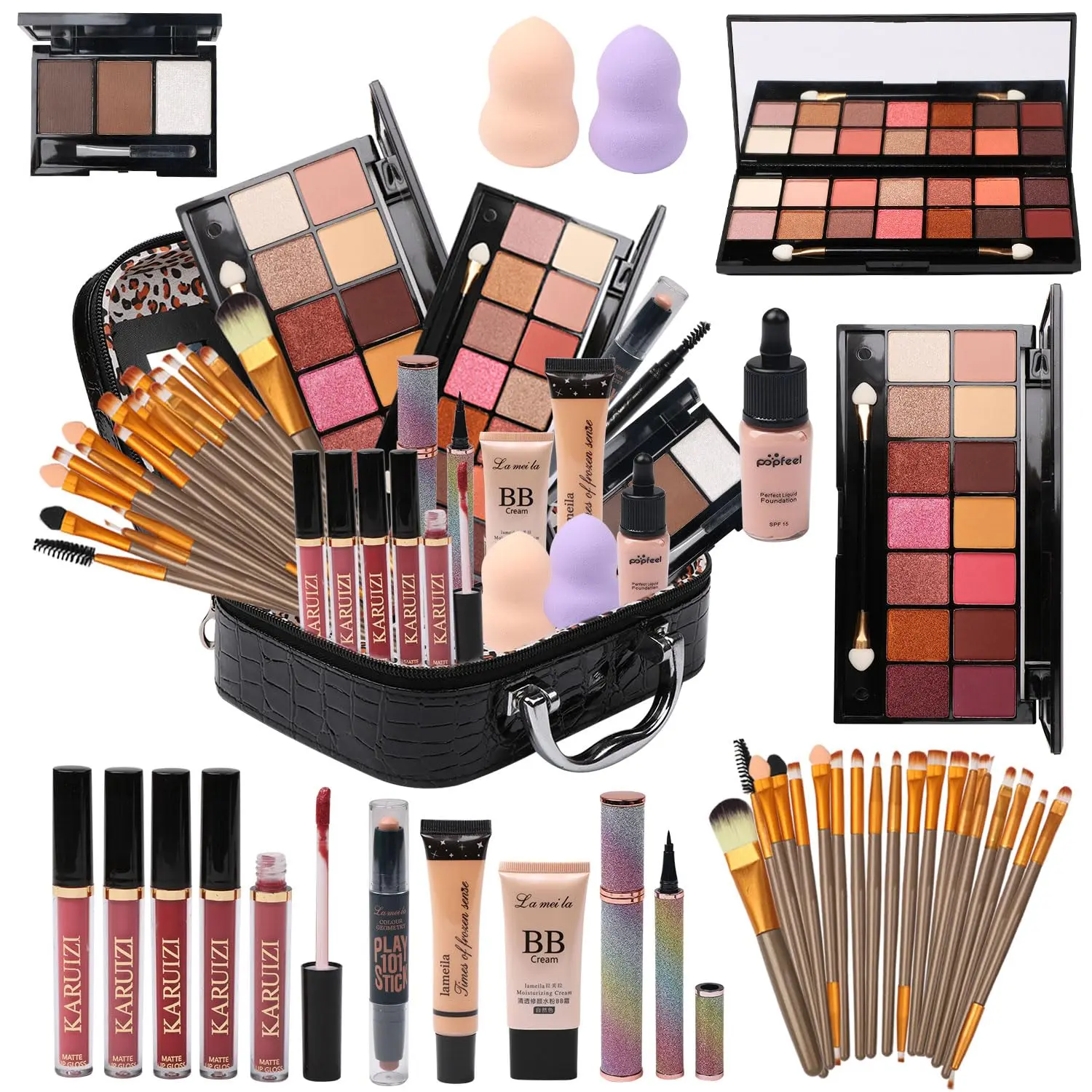 Black All-in-1 Cosmetic Kit with Storage Bag, 2X14-Color Eyeshadow Palettes, Liquid Foundation, Eyeliner Pencils, Contouring Stick, Lip Gloss, 20Pcs Brushes (Party Supplies Gift for Women Teens)