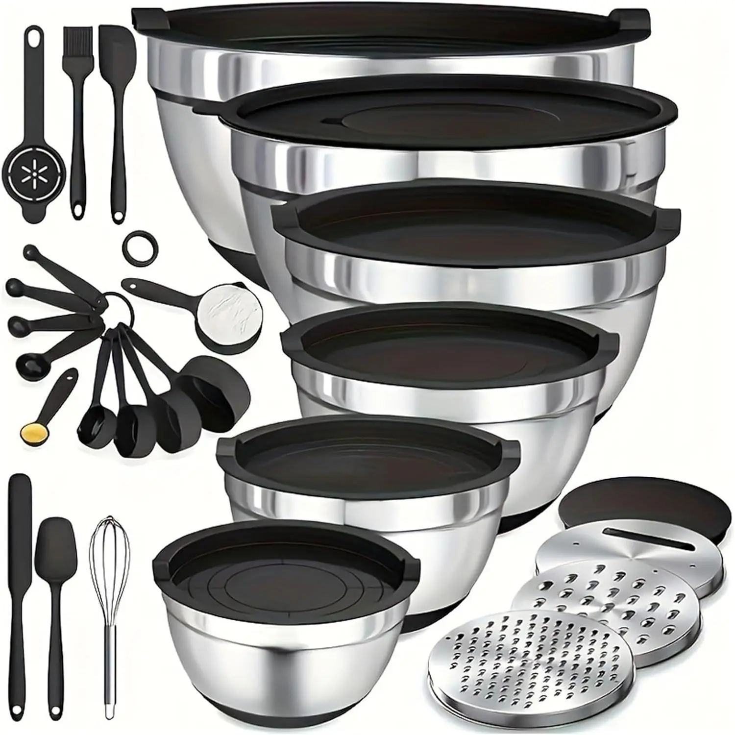 26PCS Multi-Size Classic Stainless Steel Khaki Mixing Bowls Set with Airtight Lids & 3.5QT Splash Lid - Durable Kitchenware, Tableware, Utensils, Tools and Gadgets, Mirror Finish, 3 Grater Attachments, for Home Cooking (7,4,3.5,2.5,2.0,1.5,1QT), Dishwashe