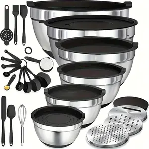 6PCS Modern Stainless Steel Bowl Set - BPA Free, Durable, Airtight Lids, 3 Grater Attachments, Non-Slip Bottoms, Stackable, Dishwasher Safe Kitchen Tableware for Baking, Mixing