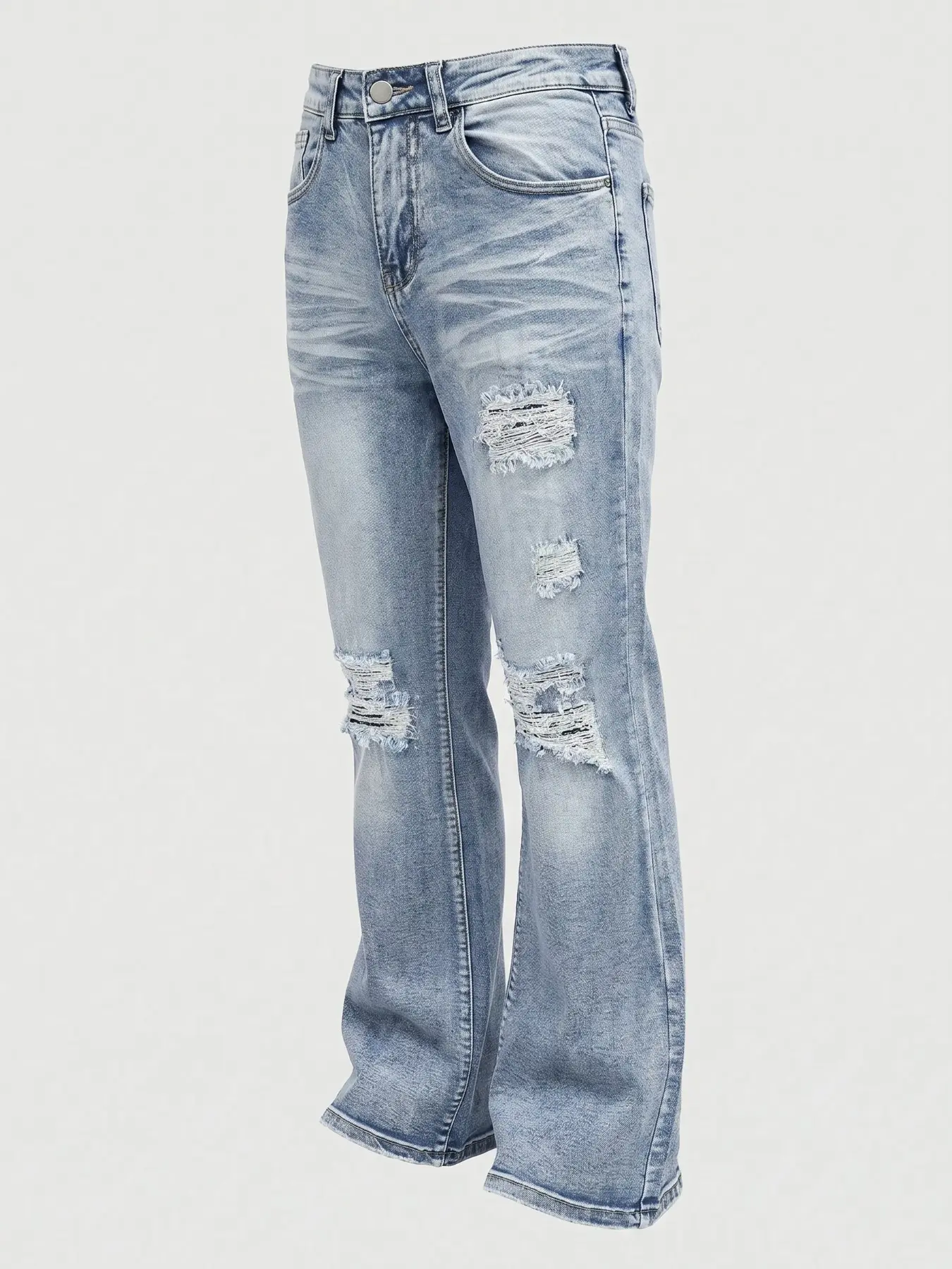 Men's Micro Flare Distressed Jeans, Casual Jeans Menswear, Loose-Fitting Button Fly Denim, Solid Color Y2K Style, All-Season Wear, Washed Fabric, Patchwork Design