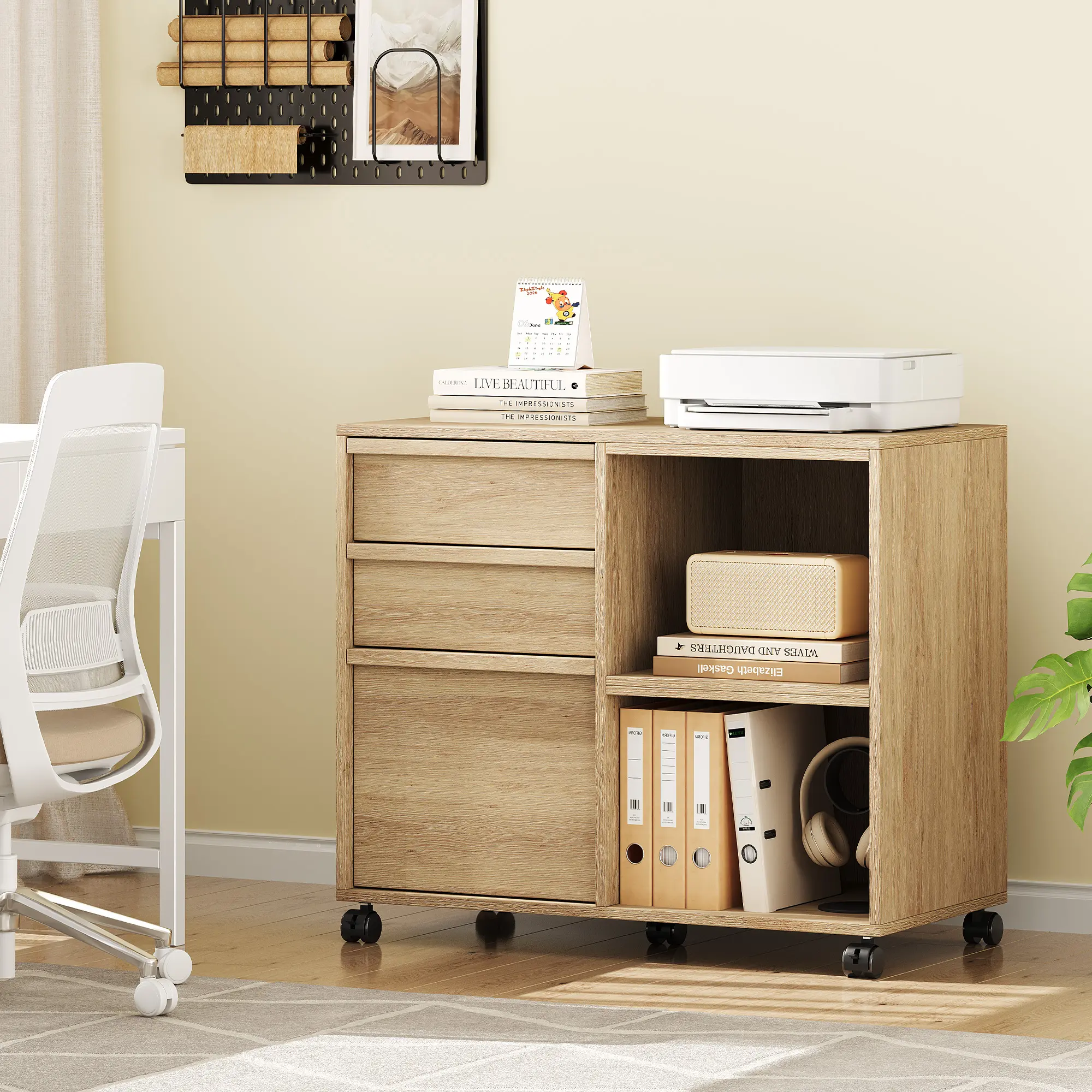 3-Drawer Rolling File Cabinet with 2 Open Shelves, Mobile Lateral Filing Cabinet for Letter/A4 Files, Wood Printer Stand with Wheels, 30.7"W