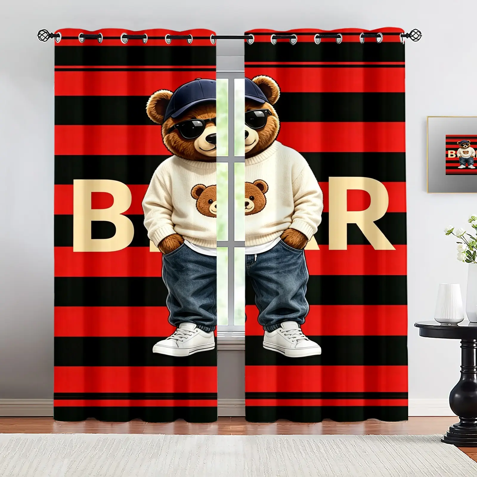 Trendy and Cool Bear Printed Pattern, 2 Curtain Set, Home Decorative Curtain, Suitable for Living Room, Balcony, and Bedroom Windows, Perfect Home Season, Festival Room Decoration