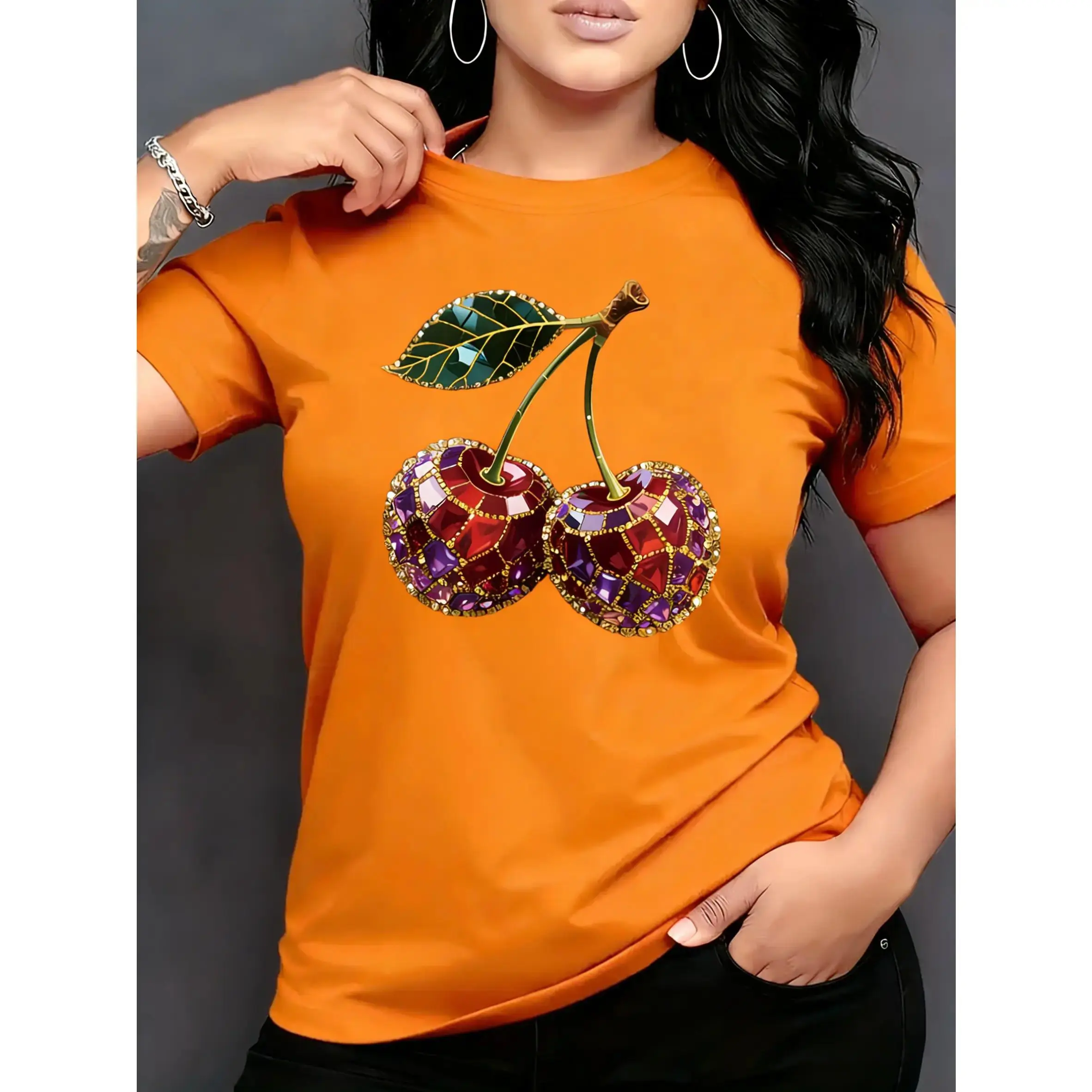 Women's T-Shirt with Cherry All Over Print, Casual 100% Cotton Short Sleeve Crew Neck Top, Machine Washable, Women's T Shirts, All Seasons, Graphic, Do Not Bleach