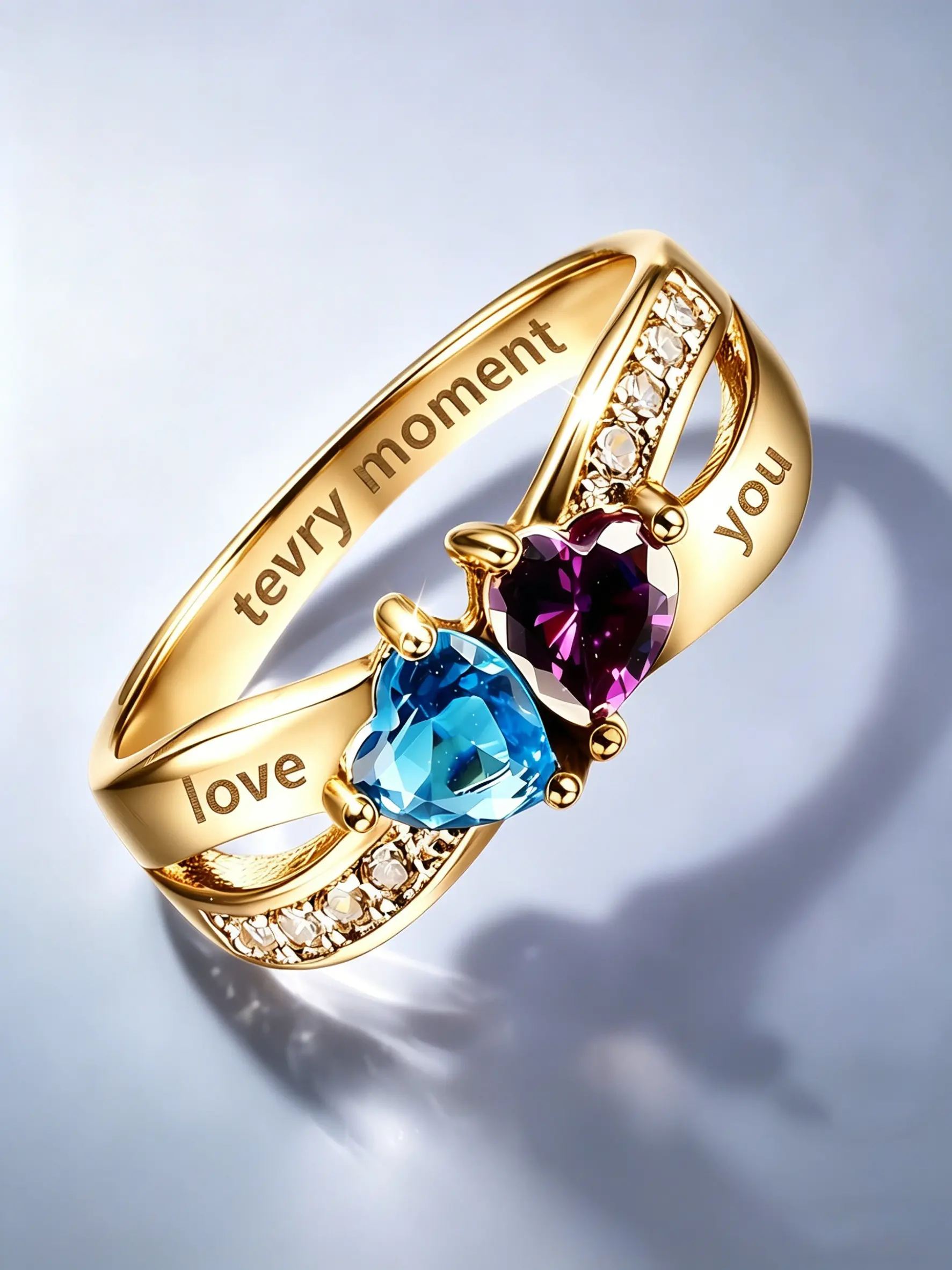 Double Heart Zircon Ring, Love You Engraved, Eco-Friendly Hypoallergenic, Luxury Fashion Jewelry, Women's Gift for Parties and Dinners, Heart Design Ring