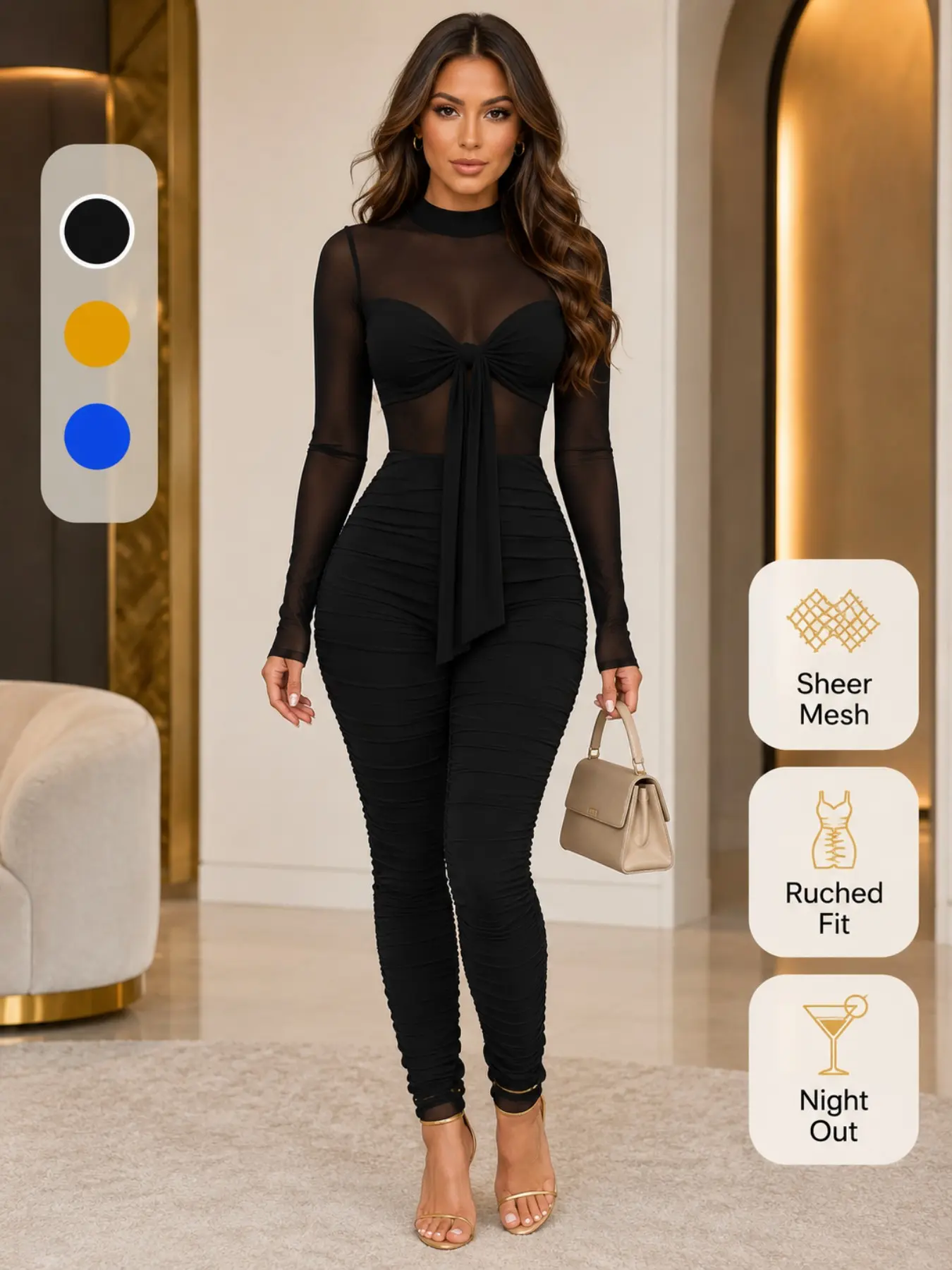 Sheer Mesh Jumpsuit Romper Ruched Long Sleeve Sexy Party, Fitted Plain Surface Design, All-Season Wear, Unlined Comfortable Style