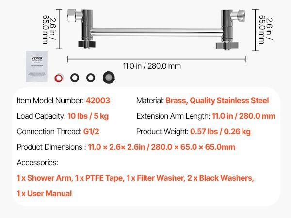 VEVOR Shower Head Extension Arm Extender 11 in Adjustable Angle Height G1/2 Universal