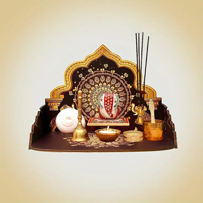 1 wooden Ganesha shrine, home and office shrine, wall-mounted & tabletop modern temple, suitable for home or shop walls, floating shelf, Religious Decoration