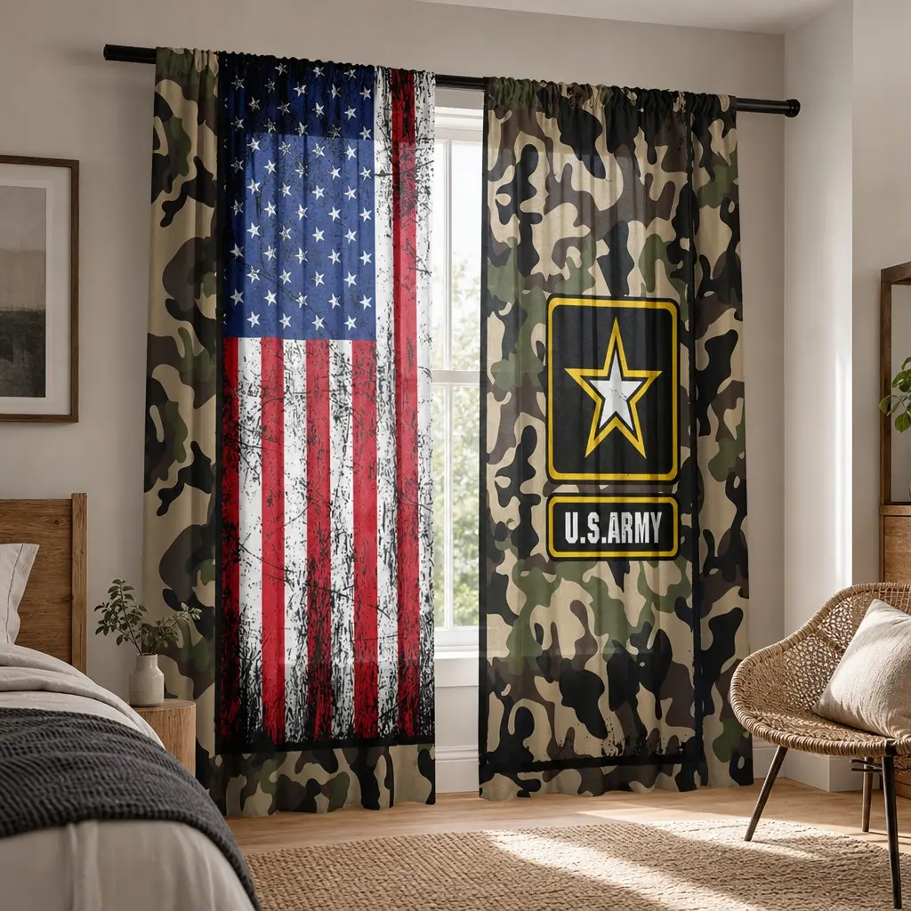 2 Piece Us Military Camouflage and American Flag Pattern Semi-Transparent Curtains, Vintage Style, Patriotic Military Decor for Men's Spaces