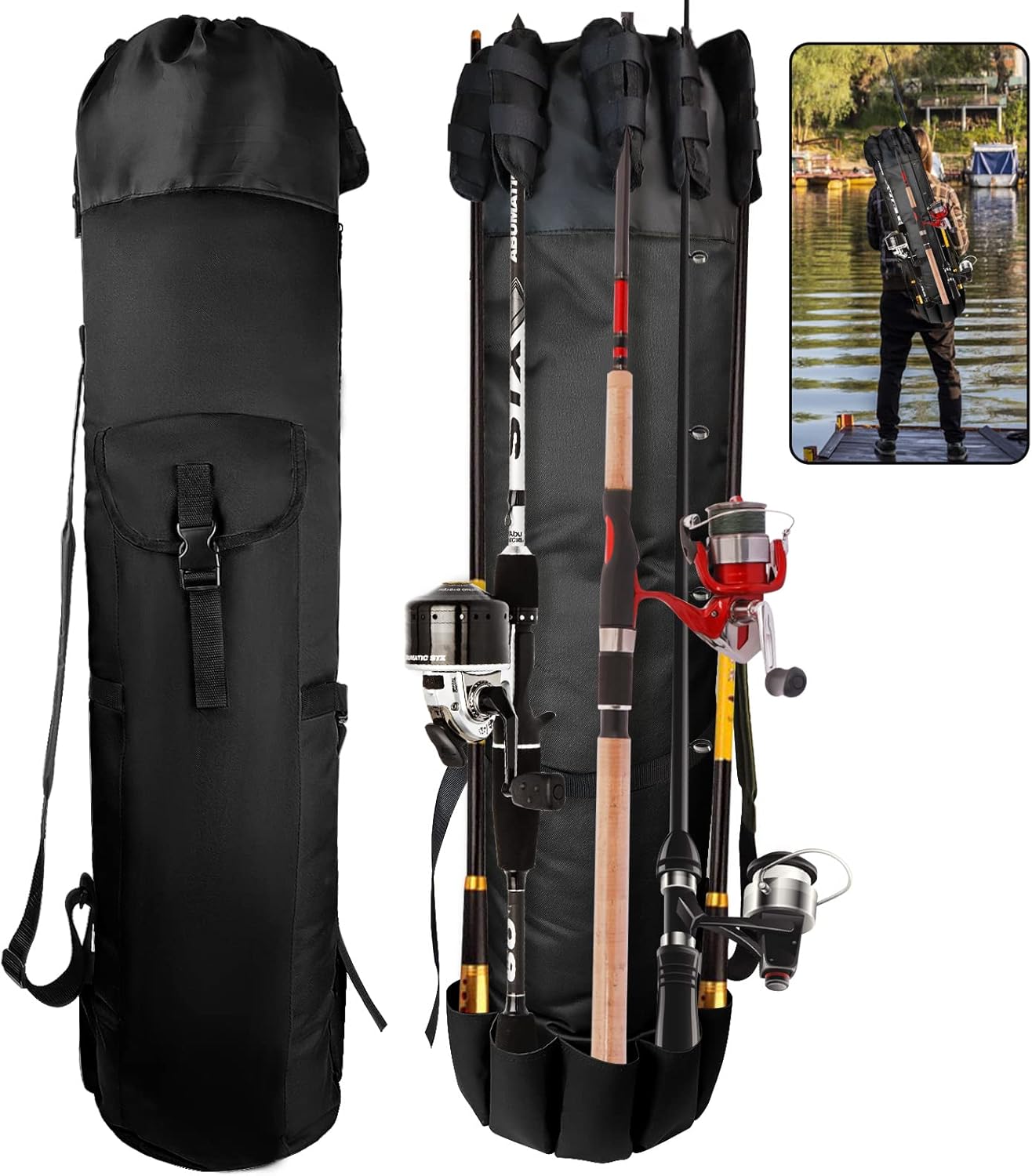 Foldable Oxford Fabric Fishing Rod Storage Bag, Portable Lightweight Outdoor Shoulder Carry Case Green for Men Fishing Gear and Baitcaster Rods