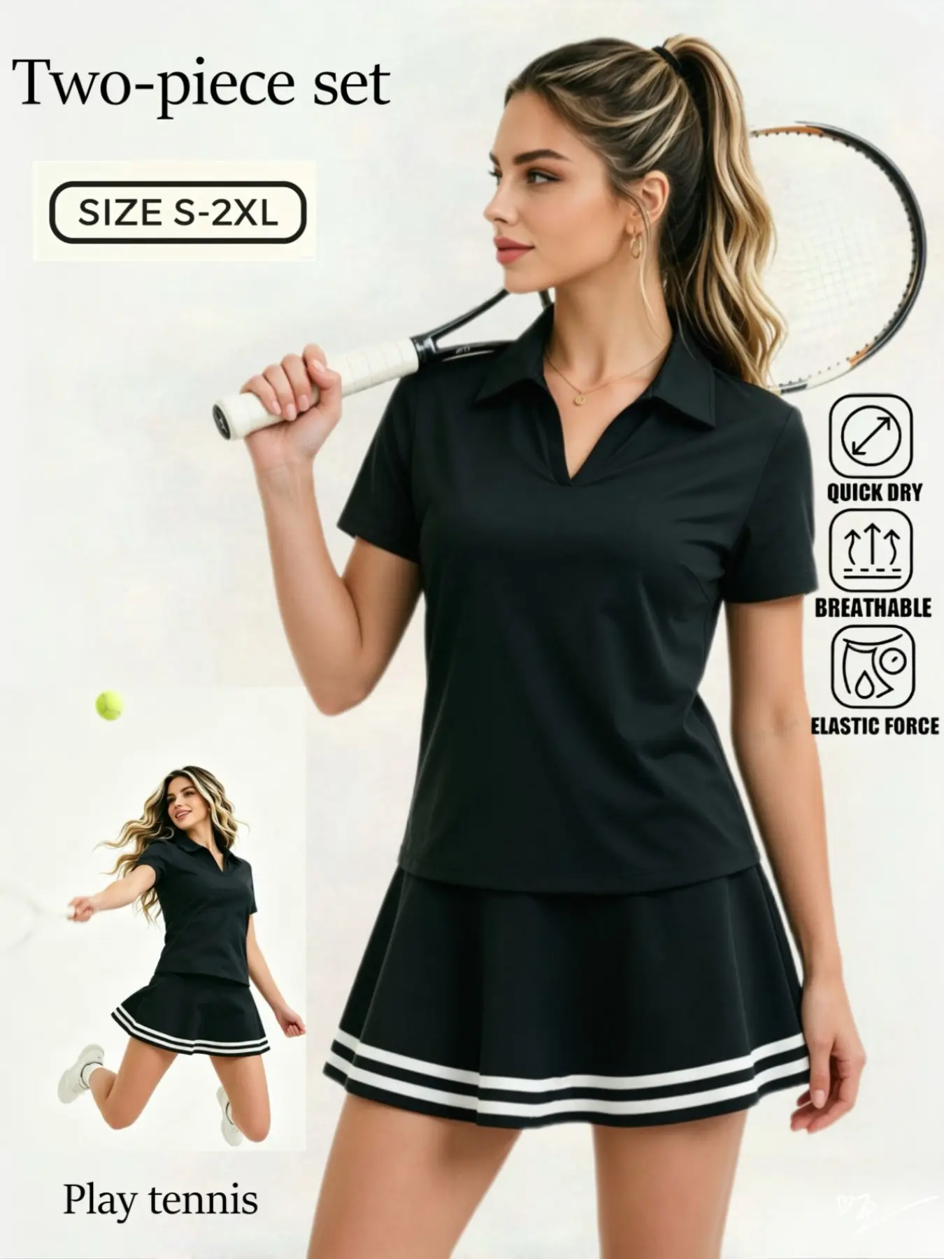 Women's two-piece set Polo Shirt and Pleated Skirt Set, Breathable Inner Lining, Soft Lightweight Elastic Suit, Ideal for Tennis Golf Sports