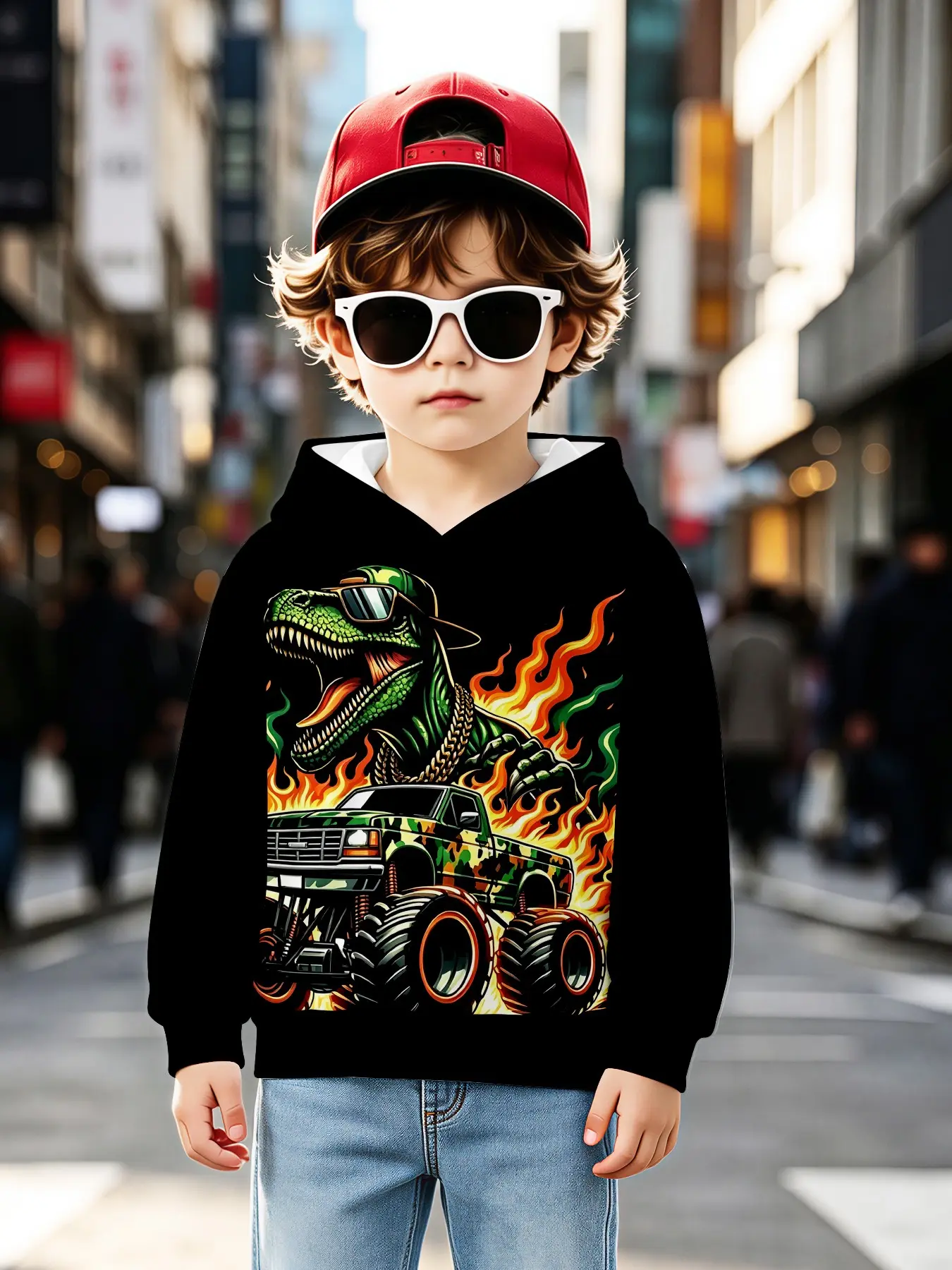 Tyrannosaurus Camouflage Long Sleeve Sweatshirt, Boys' Casual Loose-Fit Hoodie, Fall & Winter Cartoon Print Top