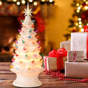 Table Top Christmas Tree, Hand Painted Resin Christmas Tree with Lights, Pre-lit Xmas Tree Decor Lighted Tabletop Decoration with Multicolored LED Bulbs, Ceramic-Like Finish Ornaments Green