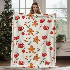 1Pc Christmas Gingerbread Hot Cocoa Plush Blanket Cozy Holiday Fleece Throw Blanket Gingerbread For Man And Candy Cane Design For Couch Bed Winter Decor Soft Warm Blanket For Family Gathering