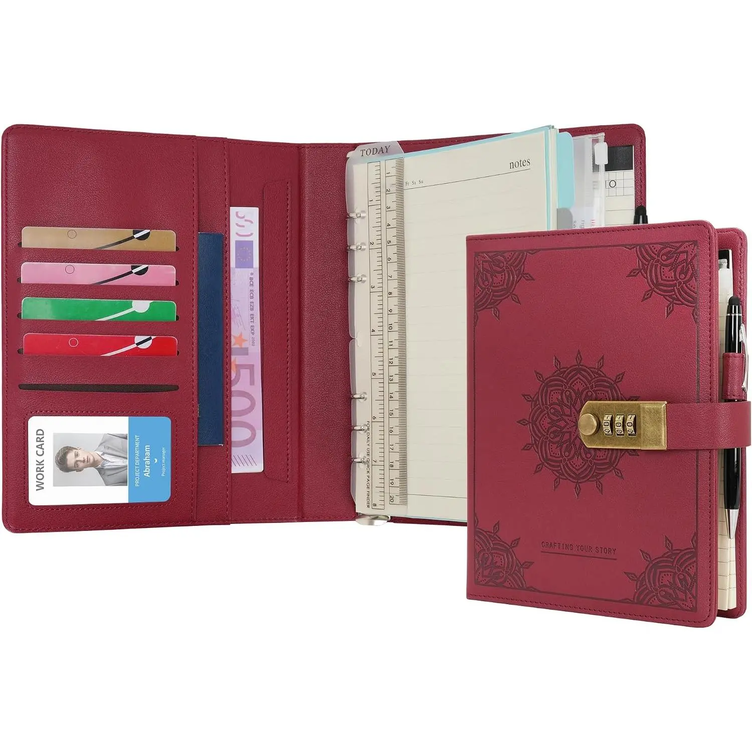 Modern Lock-Secure A5 Binder Journal - Ruled Paper Refillable Spiral Notebook, Pen, Clipboard Organizer for Business & School Use (Coffee)