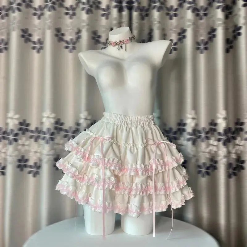Summer Kawaii Pink White Lolita Skirt Women Sweet Fluffy Cake Mini Skirt Fashion Lace Ruffled A-Line Skirt Cute Girly Outfit