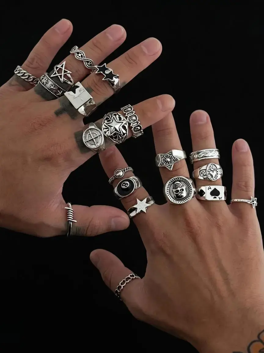 20 Pieces Vintage Star & Skull Rings, Dark Punk Knuckle Rings, Holiday Gift, Street Style Accessories for All Seasons, Stackable Rings, Statement Rings, Vintage Jewelry, Stackable Rings Set, Fashion Stackable Rings